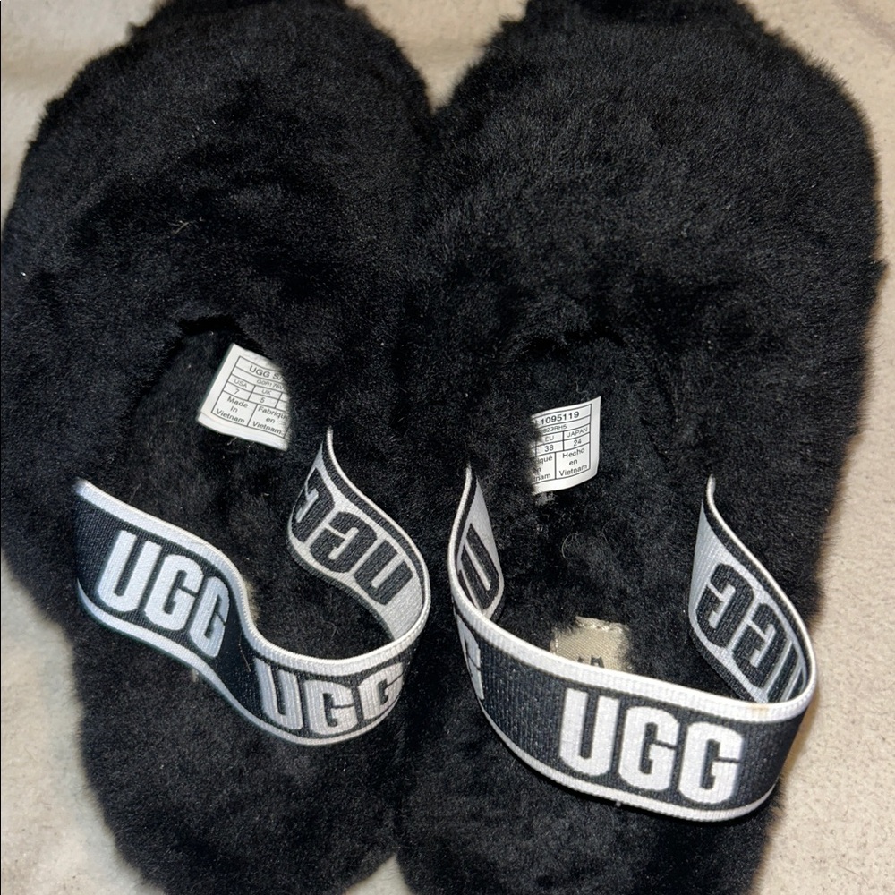 UGG Black Fuzzy Slippers with Logo Strap
